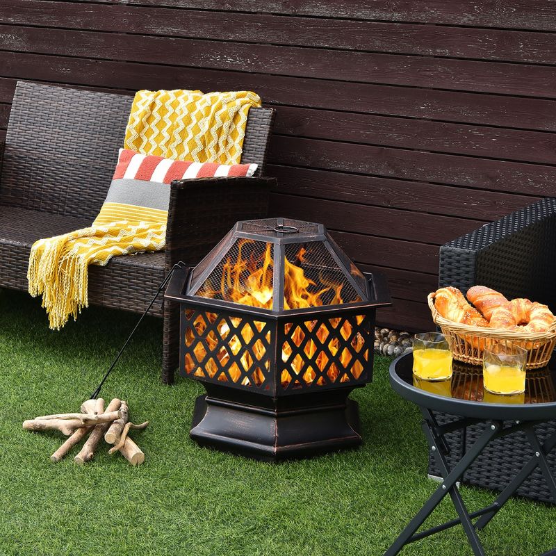 Costway 26''Outdoor Hex-shaped Fire Pit Wood Burning Bowl W/ Screen Cover and Poker, 4 of 11