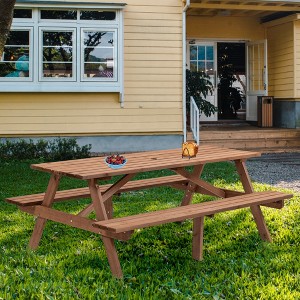 GDFStudio Cronin Outdoor 75" Wooden Rectangle Picnic Table with Built-in Benches and Umbrella Hole - 1 of 4