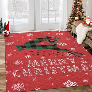 GustoWave Christmas Rug with Snow Reindeer Area Rugs for Living Room, Low Pile Washable - 1 of 4