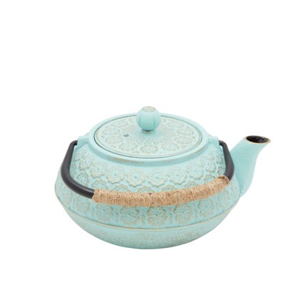 Light Blue Floral Cast Iron Japanese Teapot with Infuser and Trivet