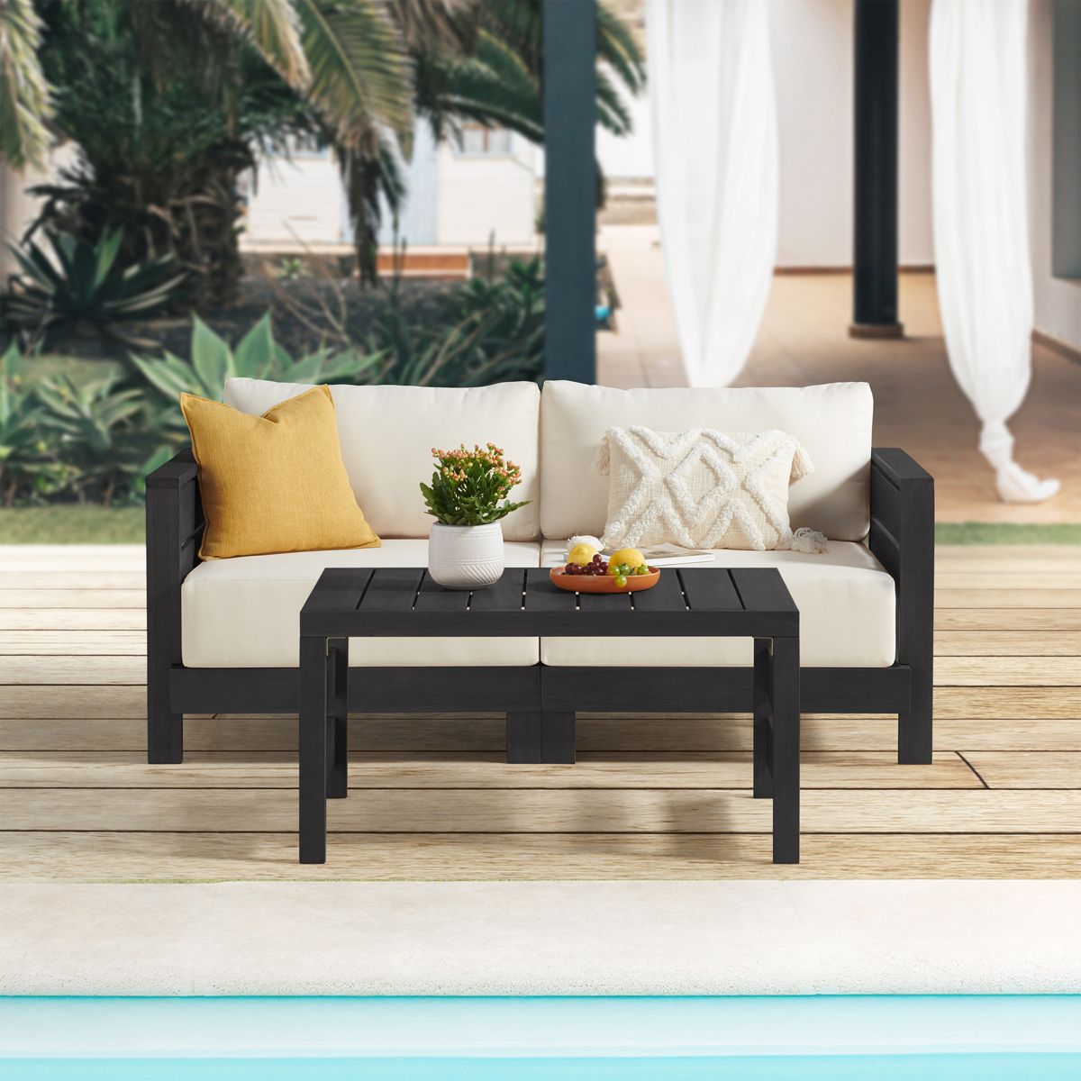 Alaterre Furniture Barton Patio Loveseat with Outdoor Coffee Table - Weather-Resistant Eucalyptus Wood Patio Furniture Set - 2 Seater (Black) - thumbnail 2