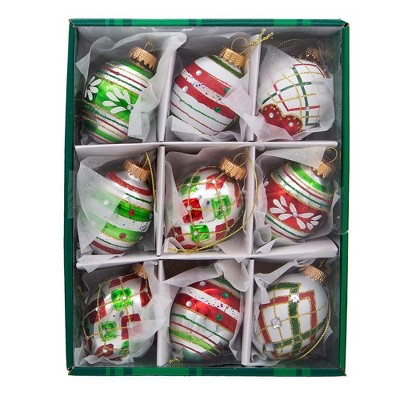 45MM Red and Green Glass Egg Ornaments with Rhinestones, 9-Piece Set