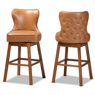 Walnut Wood and Tan Leather Swivel Barstool with Copper Accents