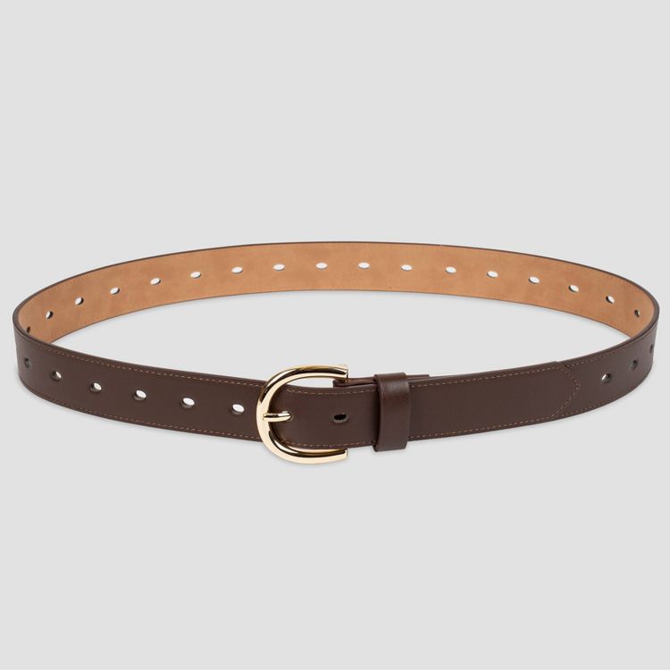 Brown colored belt with a gold colored buckle and multiple holes.