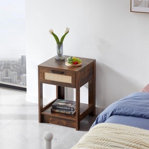 KWPZQEB 15.75" Rattan Nightstand, Bed Side Table with Drawer & Open Shelf, Modern Wooden Night Stand for Bedroom Living Room - 1 of 4