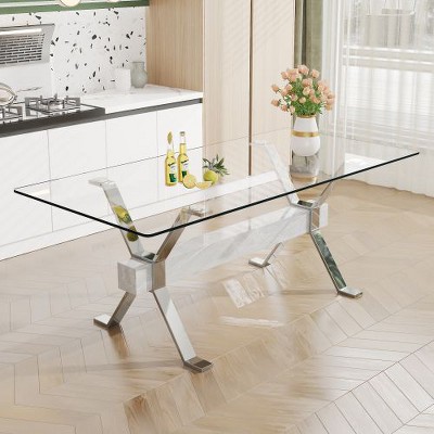 CENGHU Modern Tempered Glass Rectangular Dining Table, Tea Table, Coffee Table with Silver Plated Metal Legs and MDF Crossbars, for Home, Office