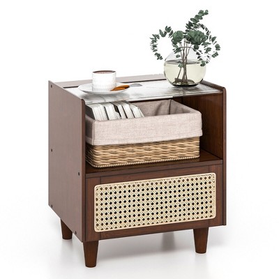 Tangkula Bamboo Rattan Nightstand Boho Bedside End Table w/ Drawer & Wood Legs