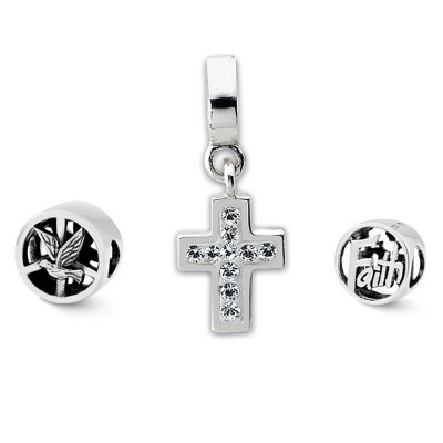 Black Bow Jewelry Sterling Silver & Crystal Religious Faith Bead Charm Set of 3