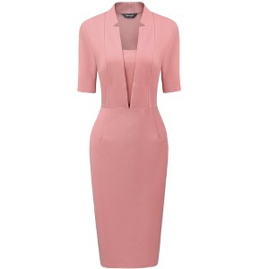 Allegra K Women's V Neck Short Sleeve Work Office Bodycon Midi Sheath Dress - 1 of 4