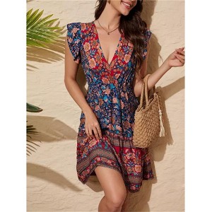 Clearlove Women's Summer Wrap V Neck Bohemian Floral Print Ruffle Swing A Line Beach Mini Dress - 1 of 4