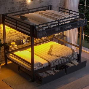 TIRAMISUBEST Queen over Queen / Full over Full Bunk Bed with Shelves and Drawers, Metal Bunk Bed with USB Ports and Lights - 1 of 4