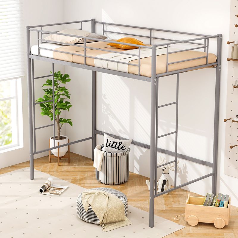 Tangkula Metal Twin Size Loft Bed Heavy Duty Loft Bed Frame with Safety Guardrail 2 Integrated Ladders Space-Saving Design Black/Silver/White, 2 of 10
