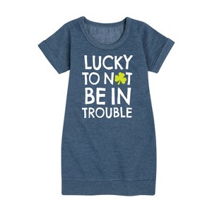 - Instant Message - St. Patrick's Day Lucky to Not Be In Trouble Graphic Short Sleeve Fleece Dress - 1 of 4