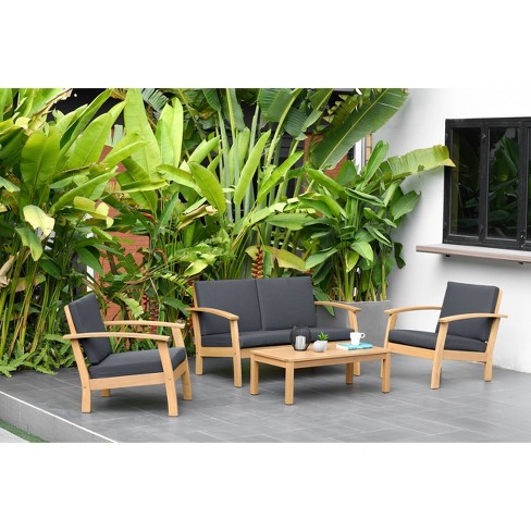 Laa Beach 4pc Patio Conversation Set With Teak Finish Black Ia, Teak Outdoor Furniture Conversation Sets