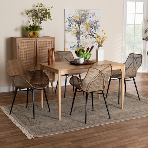 Baxton Studio Ballerina Modern Bohemian Greywashed Rattan and Black Metal 5 Piece Dining Set