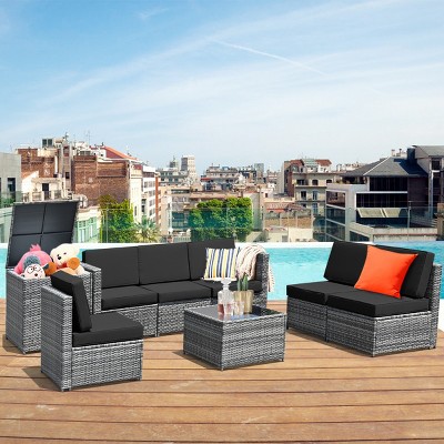 6-Piece Black Wicker Rattan Outdoor Sofa Set with Storage Table