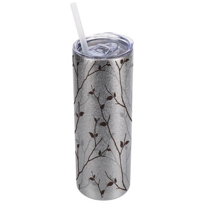 Elanze Designs Silvertone Sparkle 20 Ounce Double Wall Stainless Steel Glitter Travel Tumbler With Sliding Lid And Straw, Tree Pattern