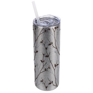 Elanze Designs Silvertone Sparkle 20 Ounce Double Wall Stainless Steel Glitter Travel Tumbler With Sliding Lid And Straw, Tree Pattern - 1 of 4