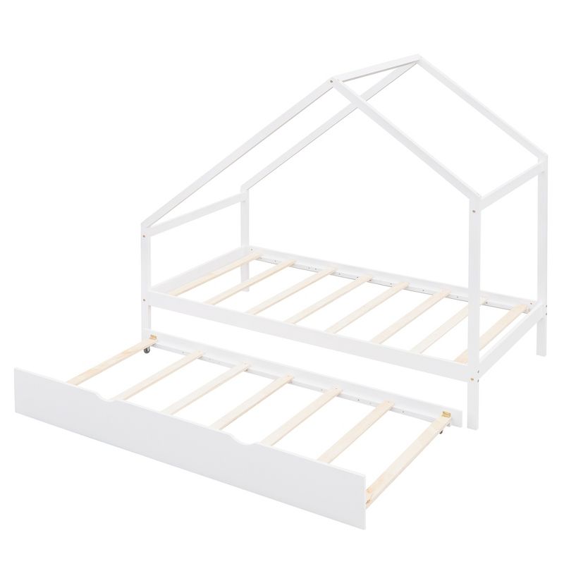 Full/Twin Size Wooden House Bed (with a Twin Size Trundle Bed), White/Gray/Natural, 4A -ModernLuxe, 5 of 15
