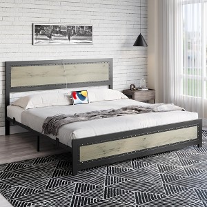 Modern Industrial Platform Bed Frame with Headboard & Charging Station – Wood and Metal, Rivet Design, No Box Spring Needed, Easy Assembly - 1 of 4