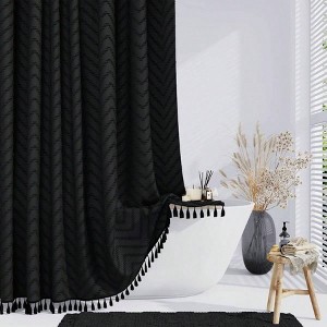 Long Shower Curtain 84 Inches Boho Tufted Striped Fabric Black Waterproof Bathroom Curtain with Hook Minimalist Chic Tall Set - 1 of 4
