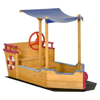 Outsunny Wooden Pirate Sandbox for Kids, Covered Children Sand boat Outdoor, w/ Storage Bench, Sun Protective Canopy Cover, Ages 3-8 Years Old, Orange