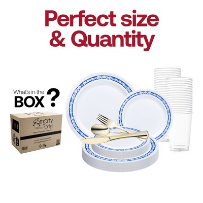 White and Blue Royal Rim Plastic Wedding Dinnerware Set - 60 Settings