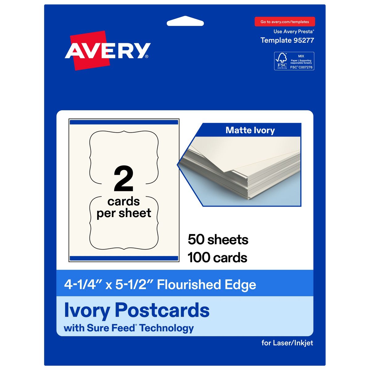 Avery 4-1/4" x 5-1/2" Rectangle Flourished Edge, Matte Ivory Postcards