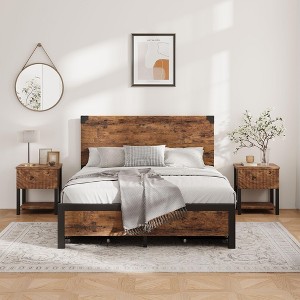 Full Size Bed Frame with 4 Storage Drawers Metal Support Frame Wooden Headboard, Vintage Brown - 1 of 4
