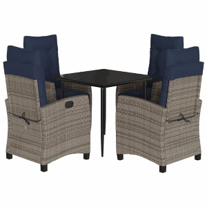 vidaXL 5-Piece Poly Rattan Outdoor Patio Dining Set - Adjustable Chairs, Tempered Glass Table Square, Navy Blue Cushions, Gray - 1 of 4