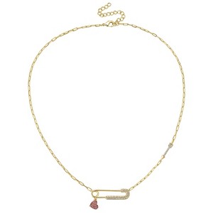 Guili Children's 14K Gold Plated with Ruby & Cubic Zirconia Heart Charm Dangle Paperclip Adjustable Necklace, A Sweet & Elegant Jewelry Gift - 1 of 2