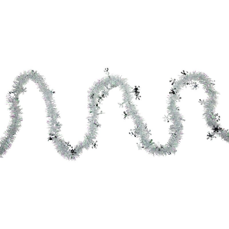 Northlight 12' x 3" White Iridescent and Silver Snowflakes Christmas Tinsel Garland - Unlit, 1 of 5