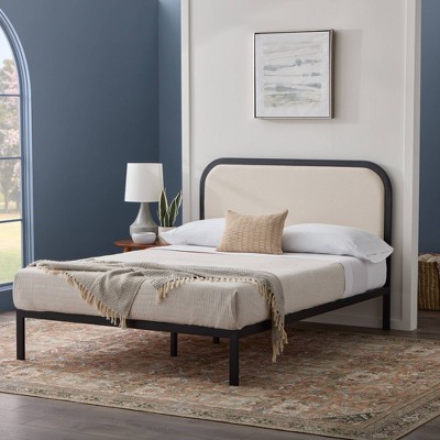 Black Metal Bed Frame with Rounded Upholstered Headboard