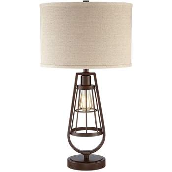 Franklin Iron Works Topher Rustic Industrial Table Lamp 27 3/4" Tall Brown with Nightlight LED USB Cord Dimmer Burlap Drum Shade for Bedroom Bedside