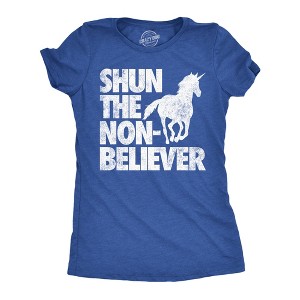 Womens Funny T Shirts Shun The Non Believer Sarcastic Unicorn Graphic Novelty Tee for Ladies - Crazy Dog Women's T Shirt With Unicorn Sayings - 1 of 4