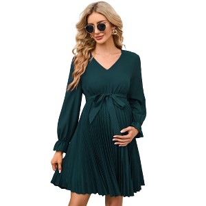 Coolmee Women's Maternity Dress Long Sleeve  V Neck Tie Waist A Line Mini Dress - 1 of 3