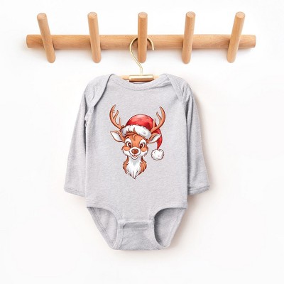 The Juniper Shop Cute Reindeer Head Baby Long Sleeve Bodysuit - 18 Month - Heather Grey