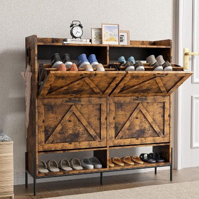 Large Shoe Cabinet with 4 Flip Drawers, Freestanding Shoe Organizer with Adjustable Shelves Shoe Storage Cabinet with Adjustable Support Stand