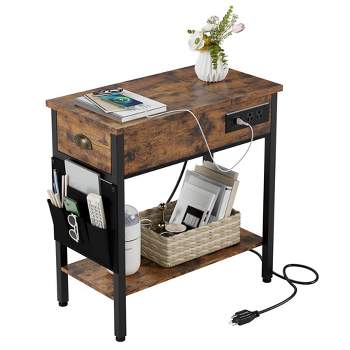 Whizmax End Table with Charging Station- Flip Top Narrow Side Tables With Storage Drawers for Living Room Bedroom Office Small Spaces
