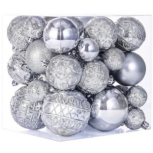 Aoibox 46 Pcs Silver Christmas Ball Ornaments Set Shatterproof Tree Decorations with 10 Velvet Bows 36 Balls 3 Sizes and Hooks - 1 of 4