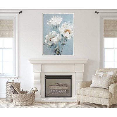 White Peonies on Ocean Blue Canvas with Beaded Frame