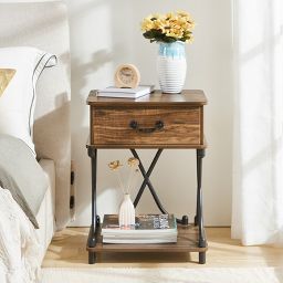 VECELO 1-Drawer Nightstands Set of 1/2 End Side Tables Modern X Design Metal Bedside Tables with Open Shelf Brown