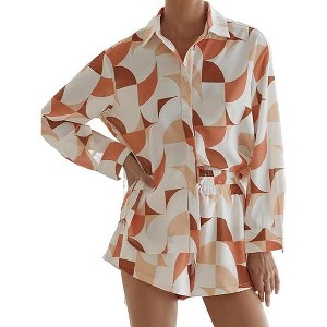 Womens Button Down Shirts and Shorts Set Two Pieces Pajama Set Summer Casual Long Sleeve Outfits with Pockets - 1 of 4