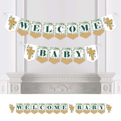 Big Dot of Happiness Elegant Cross - Religious Baby Shower Bunting Banner - Party Decorations - Welcome Baby