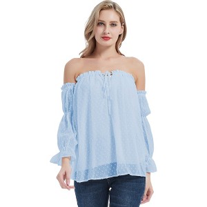 Anna-Kaci Women's Semi Sheer Boho Peasant Long Sleeve Off the Shoulder Top - 1 of 4