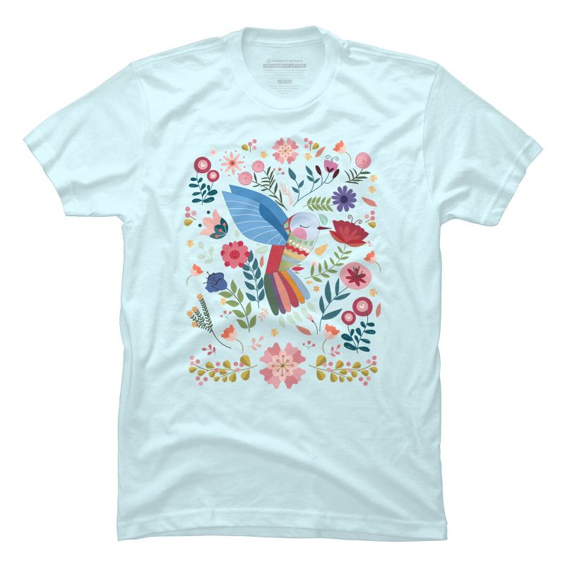 Men's Design By Humans Folk Art Inspired Hummingbird With A Flurry Of Flowers By LittleBunnySunshine T-Shirt, 1 of 4