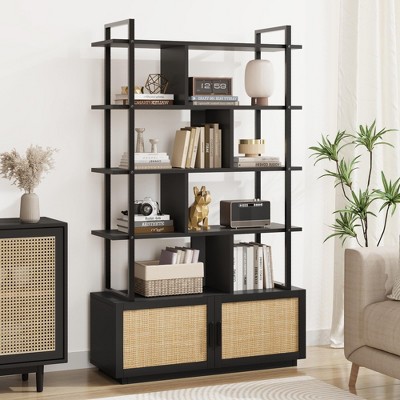 5 Tier Rattan Bookshelf with Storage Cabinet & Door, 71.1 Inch Tall Industrial Book Shelf