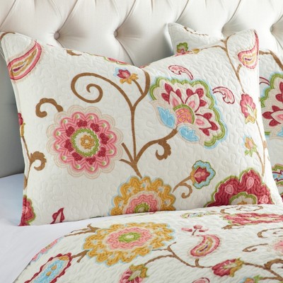 Ivory Floral Cotton Twin Quilt Set with Reversible Design
