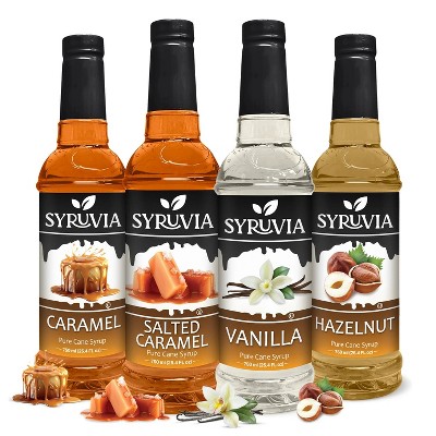 Syruvia Coffee Flavors Variety Pack: Vanilla, Caramel, Hazelnut & Salted Caramel 25.4 fl oz Syrup