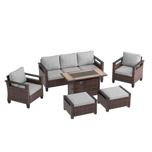 Sonkuki 6 Pieces Patio Sofa with Rectangle Fire Pit Table and Ottomans, Patio Conversation Couch with Cushion - 1 of 4